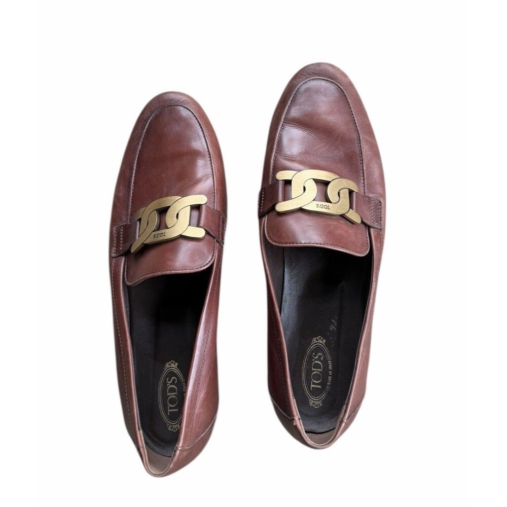 Tod’S Kate Leather Cuir Loafer Women's Brown Gold Channed Hardware 41 Calfskin